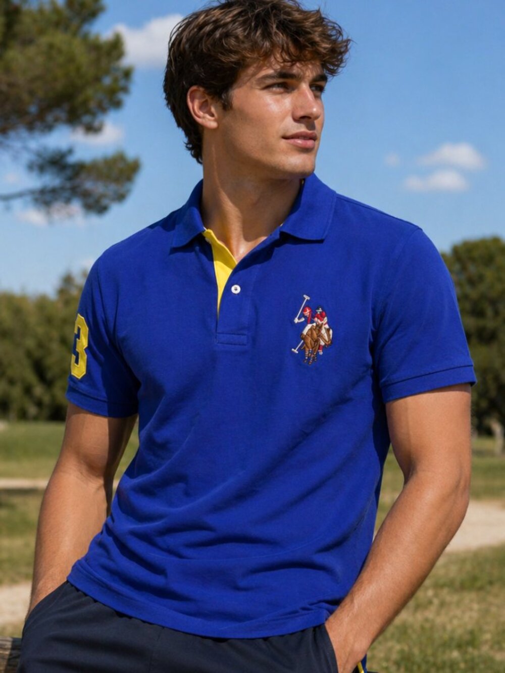 US Polo Assn Polo Shirt Men's Medium Blue Yellow 100% Cotton Big Pony #3 Logo